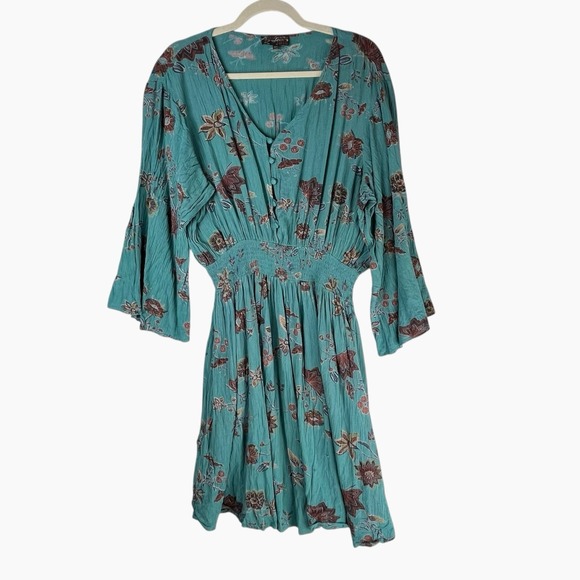 J. Glee Dresses & Skirts - J. Glee Turquoise Floral Dress 3X Flower Dolman Sleeve V-Neck Button Up Crepe